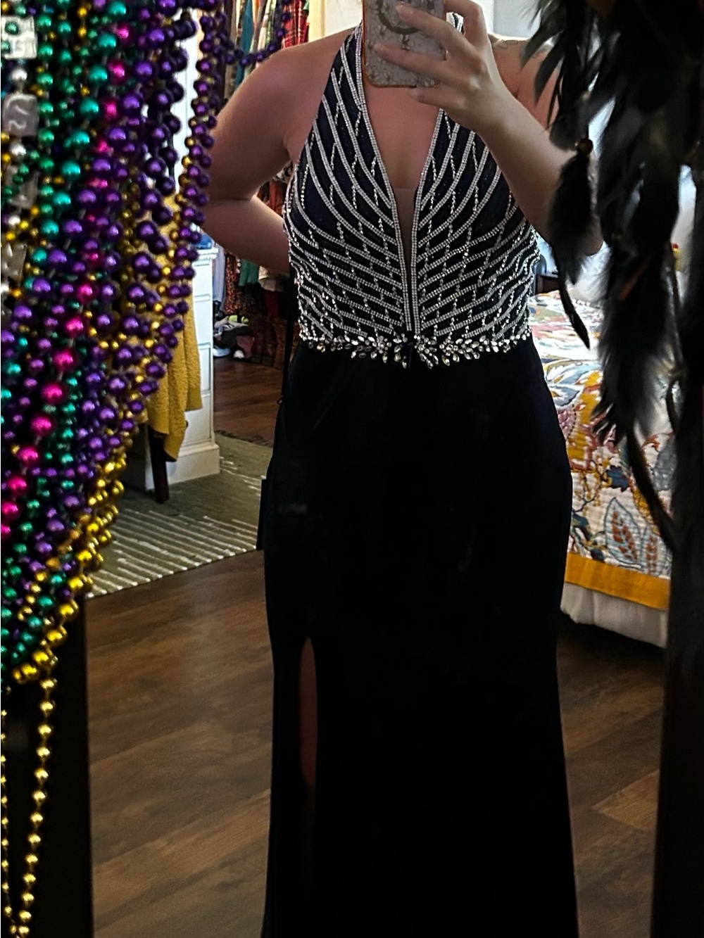 Amelia Couture Navy Velvet Halter Formal Dress with Beaded Bodice - Picture 16 of 16